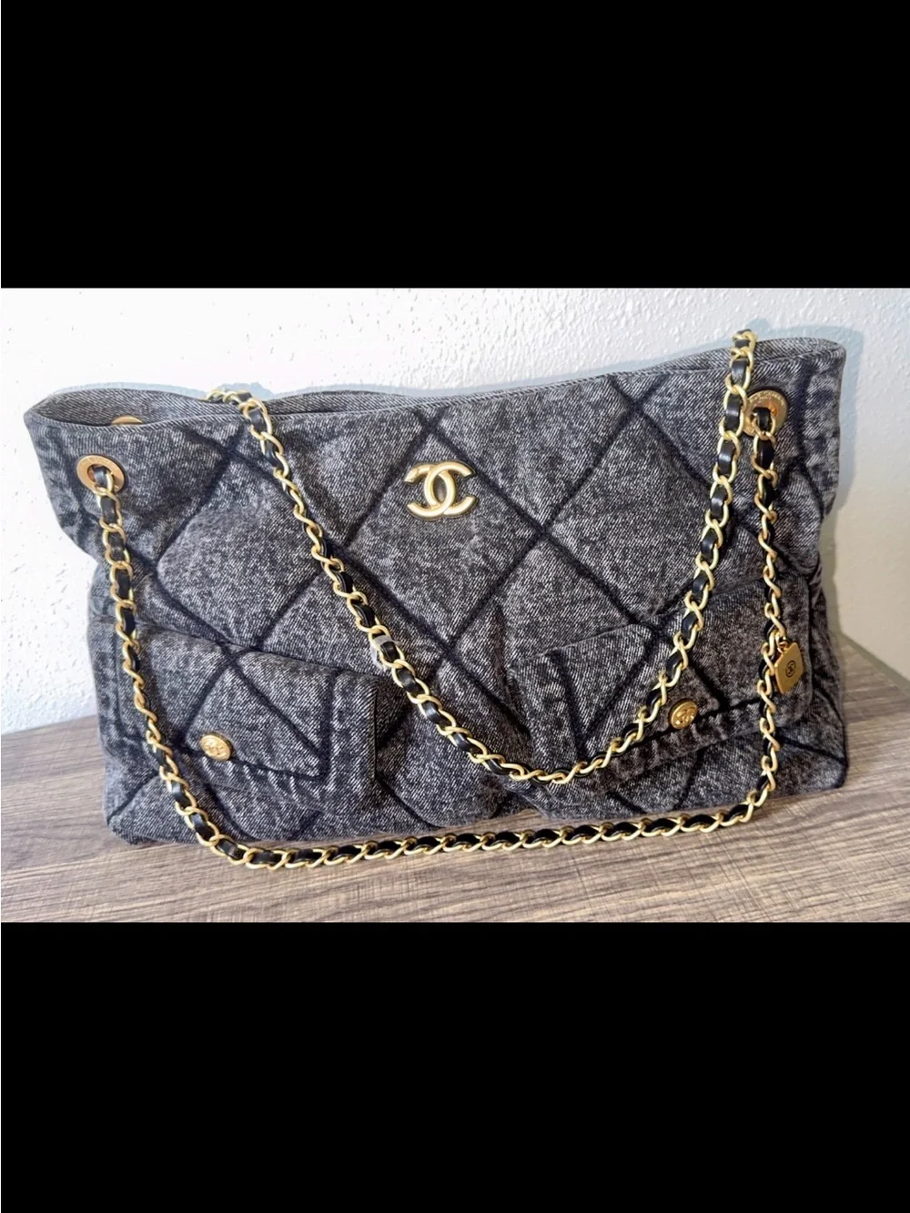 CHANEL Quilted Gray Shoulder Tote with Gold Chain Trim